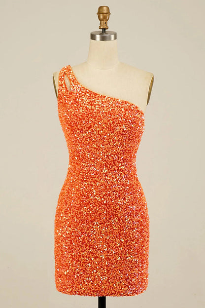 Cute One Shoulder Sequin Backless Homecoming Dress