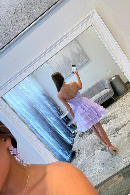 Lovely A-Line Corset Homecoming Dress with Lace Trim and Tiered Ruffle Skirt