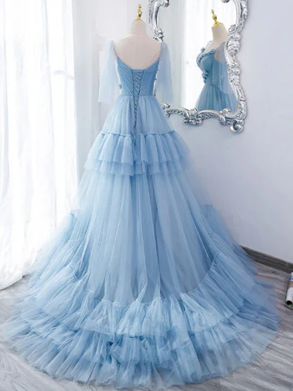 omberprom Lovely Blue Tulle with Straps Layers Long Formal Dresses Evening Gown Party Dress Prom Dress Wholesale
