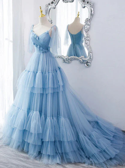 omberprom Lovely Blue Tulle with Straps Layers Long Formal Dresses Evening Gown Party Dress Prom Dress Wholesale