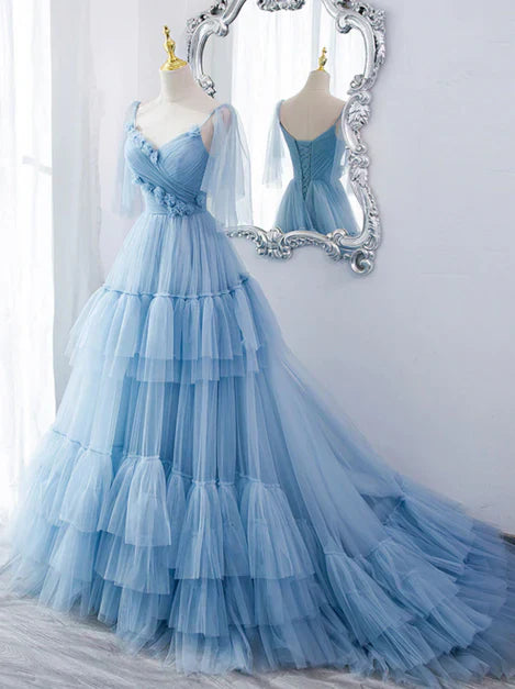 omberprom Lovely Blue Tulle with Straps Layers Long Formal Dresses Evening Gown Party Dress Prom Dress Wholesale