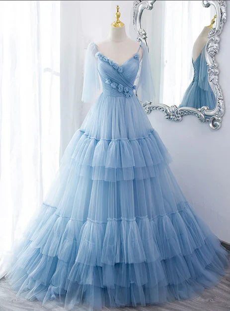 omberprom Lovely Blue Tulle with Straps Layers Long Formal Dresses Evening Gown Party Dress Prom Dress Wholesale