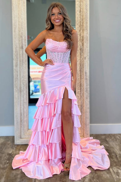 Lovely Mermaid Strapless Lace Top Long Ruffle Satin Prom Dress with Slit