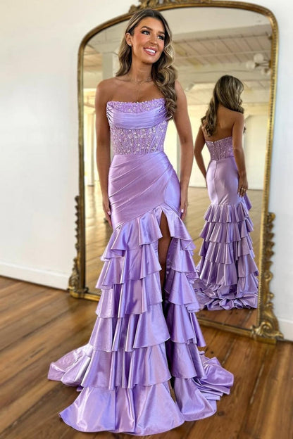 Lovely Mermaid Strapless Lace Top Long Ruffle Satin Prom Dress with Slit