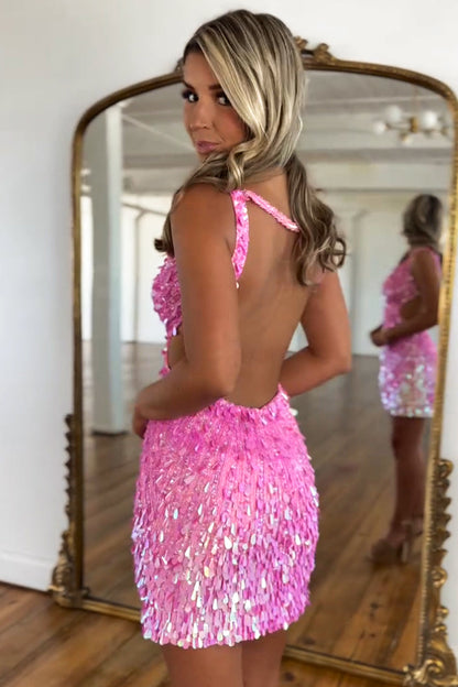 Gorgeous Sparkly Deep V-Neck Sequin Mini Tight Homecoming Dress