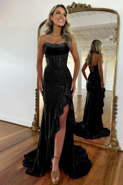 Luxurious Hot Pink Glitter Mermaid Strapless Long Beaded Prom Dress With Leg Slit