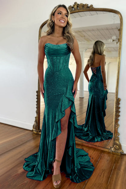 Luxurious Hot Pink Glitter Mermaid Strapless Long Beaded Prom Dress With Leg Slit