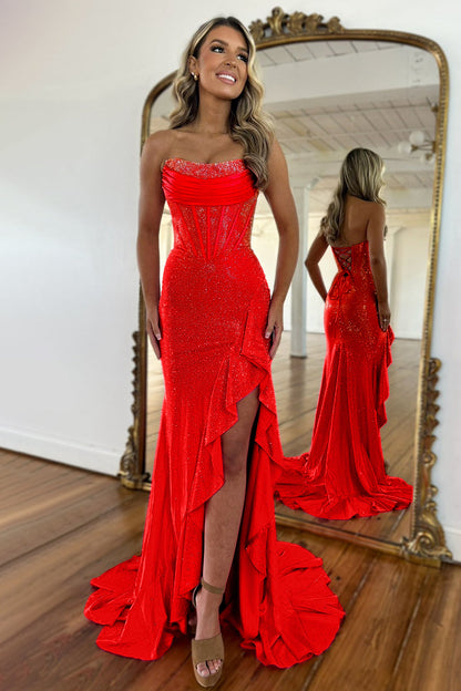 Luxurious Hot Pink Glitter Mermaid Strapless Long Beaded Prom Dress With Leg Slit