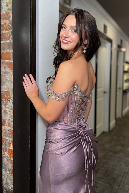 Luxurious Mermaid Off the Shoulder Grey Purple Corset Prom Dress with Beading