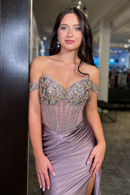 Luxurious Mermaid Off the Shoulder Grey Purple Corset Prom Dress with Beading