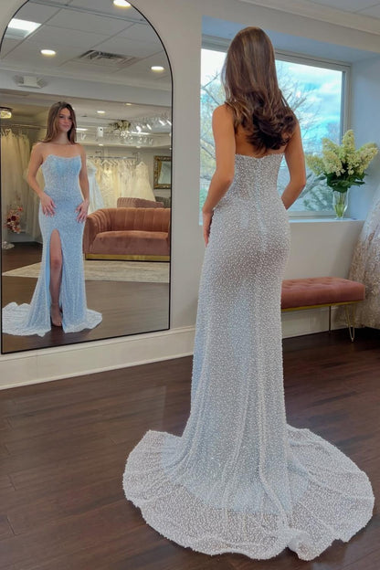 Luxurious Mermaid Strapless Light Blue Corset Prom Dress with Pearls Split Front
