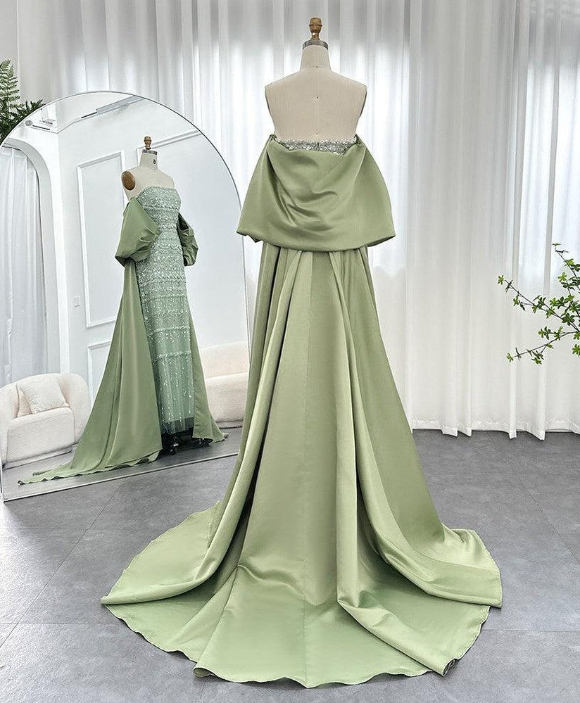 Vintage Shiny Beaded Strapless Sheath Cape Design Long Prom Dress Evening Dress TP4566