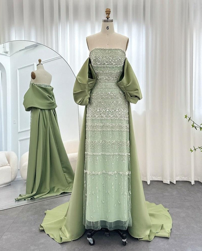 Vintage Shiny Beaded Strapless Sheath Cape Design Long Prom Dress Evening Dress TP4566