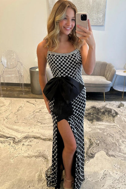 Luxury Black Pearls Spaghetti Straps Prom Dress with Statement Bow and High Slit