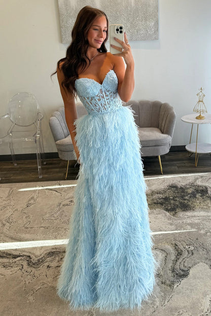 Luxury Light Blue Sweetheart Lace Up Feather Skirt Lace Bodice Prom Gown
