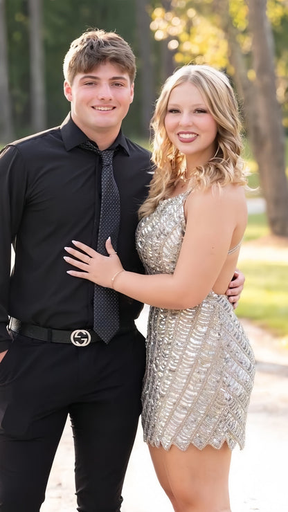 Luxury Sequin Bodycon Homecoming Dress Backless Mini Party Gown, AST1515