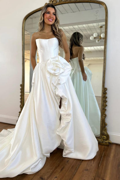 Luxury Strapless Corset Prom Gown with High Slit Skirt and Rosette Accent