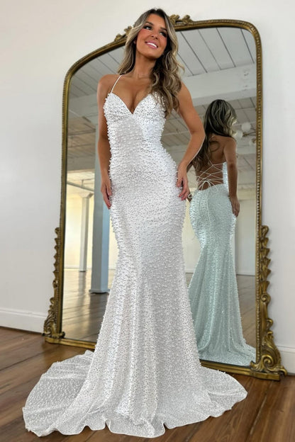 Luxury White Pearls Spaghetti Straps Lace Up Mermaid Evening Prom Dress