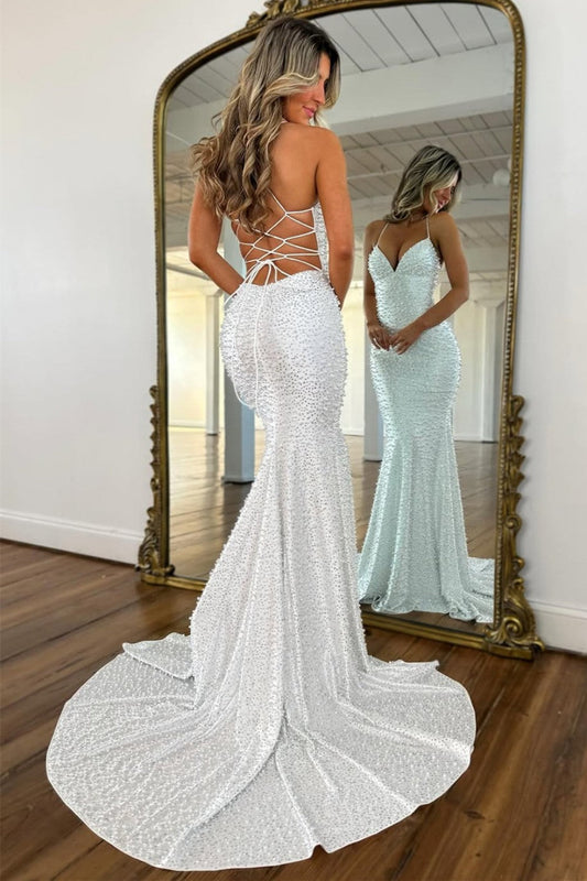 Luxury White Pearls Spaghetti Straps Lace Up Mermaid Evening Prom Dress