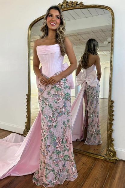 Luxury Blush Pink Strapless Prom Gown with Corset Bodice Floral Sequin Detail & Train