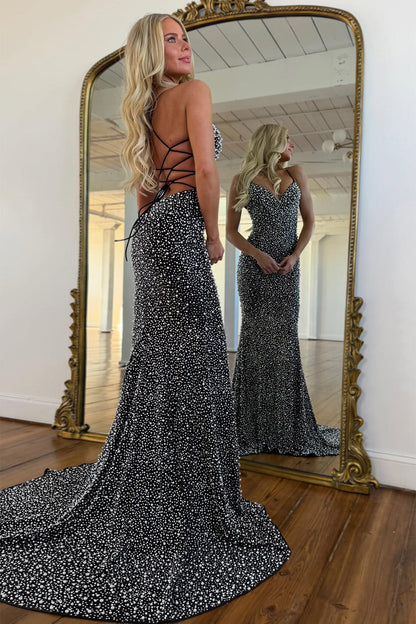 Luxury White Pearls Spaghetti Straps Lace Up Mermaid Evening Prom Dress