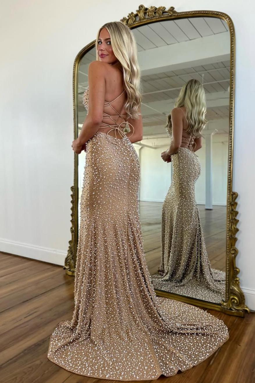 Luxury White Pearls Spaghetti Straps Lace Up Mermaid Evening Prom Dress