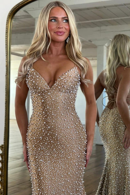 Luxury White Pearls Spaghetti Straps Lace Up Mermaid Evening Prom Dress
