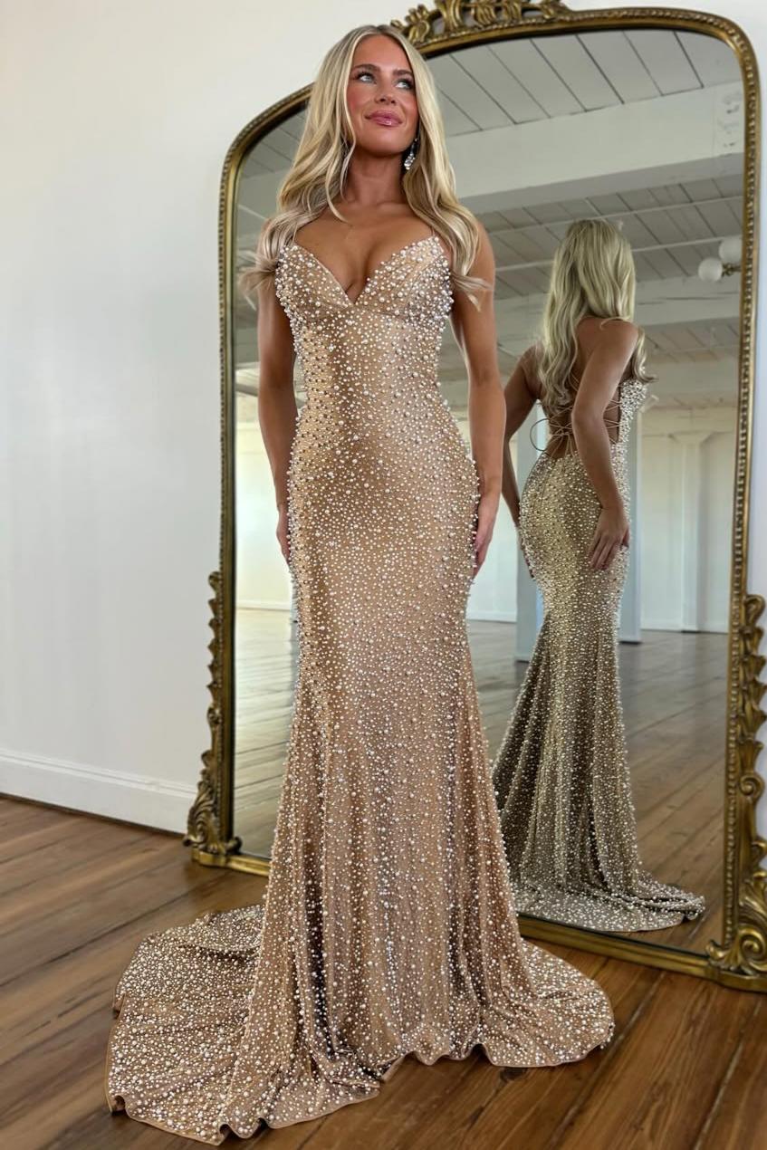 Luxury White Pearls Spaghetti Straps Lace Up Mermaid Evening Prom Dress