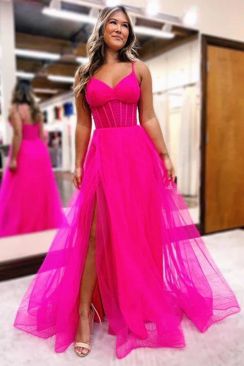 omberprom Fuchsia V-Neck Evening Dress Sheer Bodice A-Line Long Prom Dress with Slit