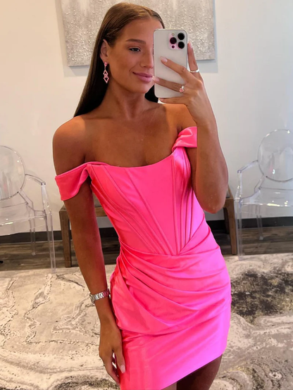 Sheath Off the Shoulder Short Satin Homecoming Dress  Y2966