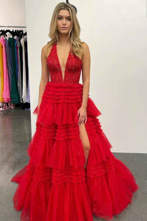 omberprom Prom Dresses Red Evening Dress Tulle Appliques Halter Ruffle Tiered Ball Gown