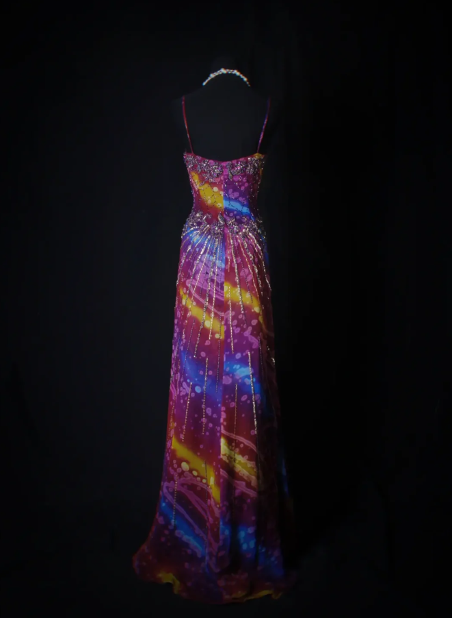 Unique V Neck Purple Spaghetti Straps Chiffon Beaded Mermaid Long Party Dress Evening Gown