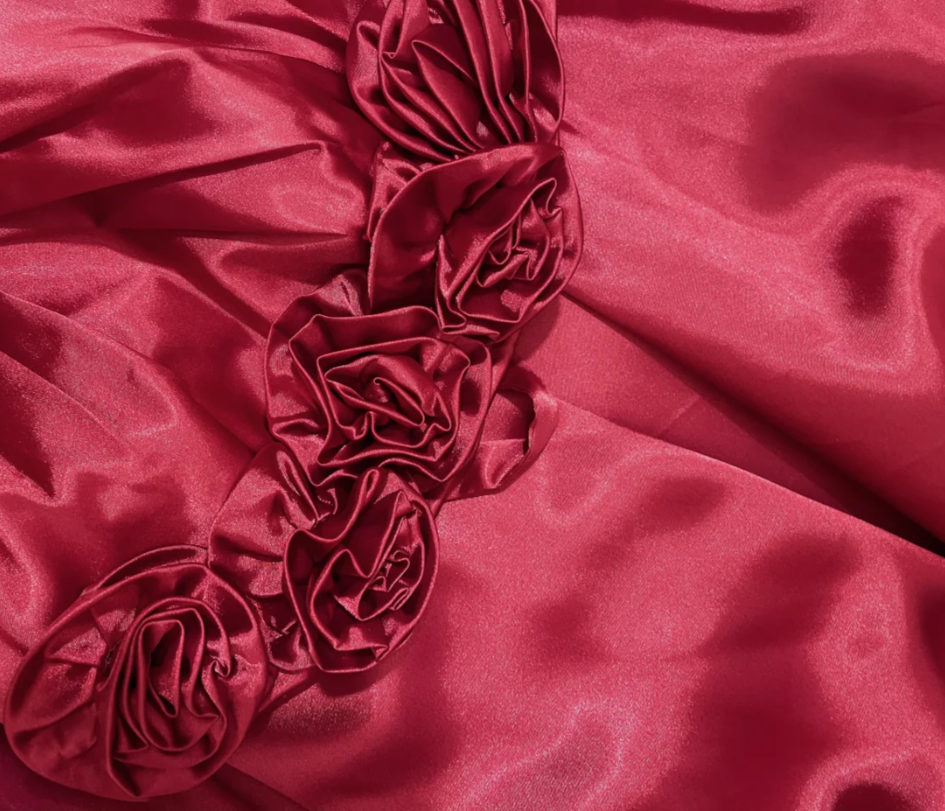 Fashion Red Strapless Satin A Line Long Wedding Guest dress Formal Evening Gown With 3D Flowers