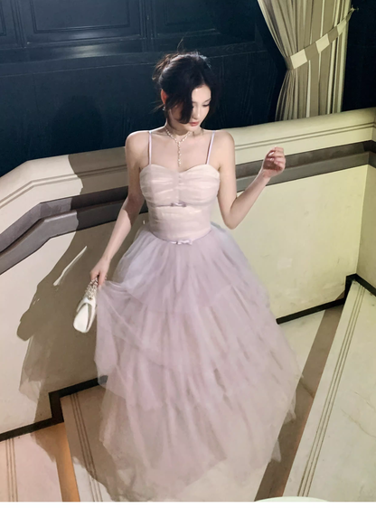 Pretty Light Lavender Spaghetti Straps Tulle Layered A Line Long Birthday Prom Dress Party Dress SP1495