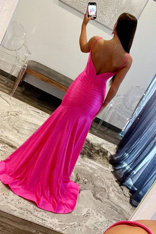 omberprom Elegant Mermaid Evening Dress Scoop Neck Satin Prom Dress with Slit