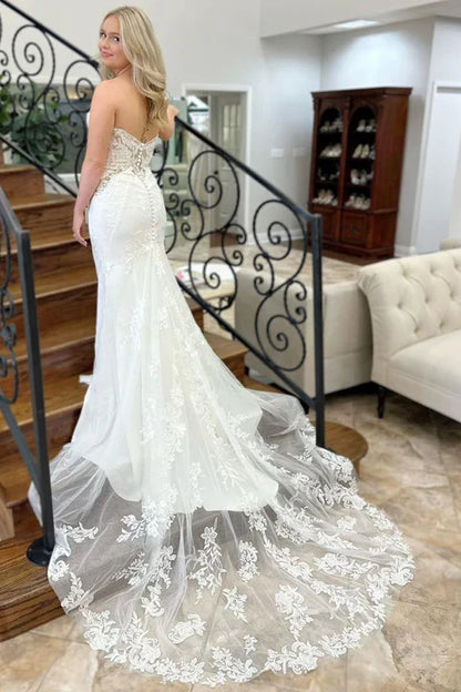 omberprom Elegant Lace Strapless Appliques Mermaid Long Wedding Dress