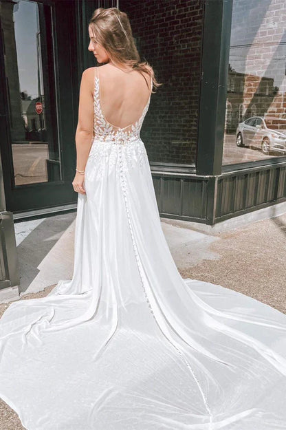 omberprom Elegant Appliques Plunge V Open Back Long Wedding Dress