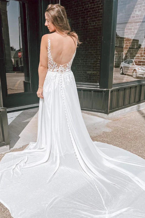 omberprom Elegant Appliques Plunge V Open Back Long Wedding Dress