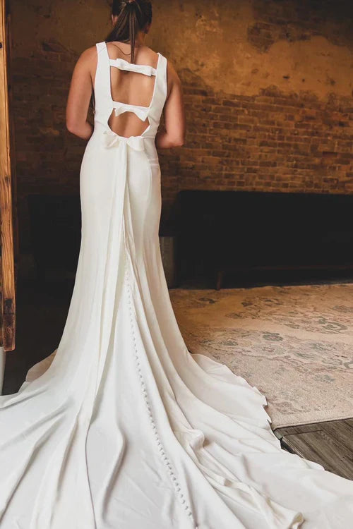 omberprom Elegant Satin Bateau Open Back Mermaid Long Wedding Dress