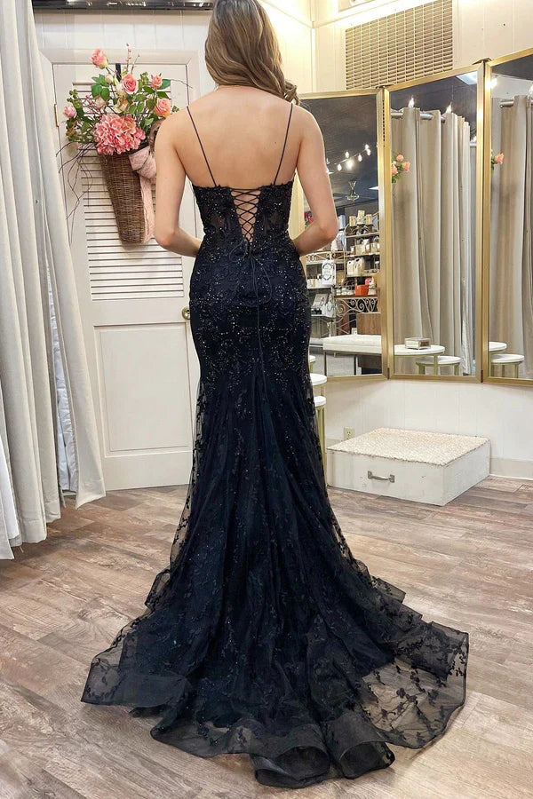 omberprom Black Prom Dresses Appliques Plunge V Lace-Up Trumpet Prom Gown Evening Dress