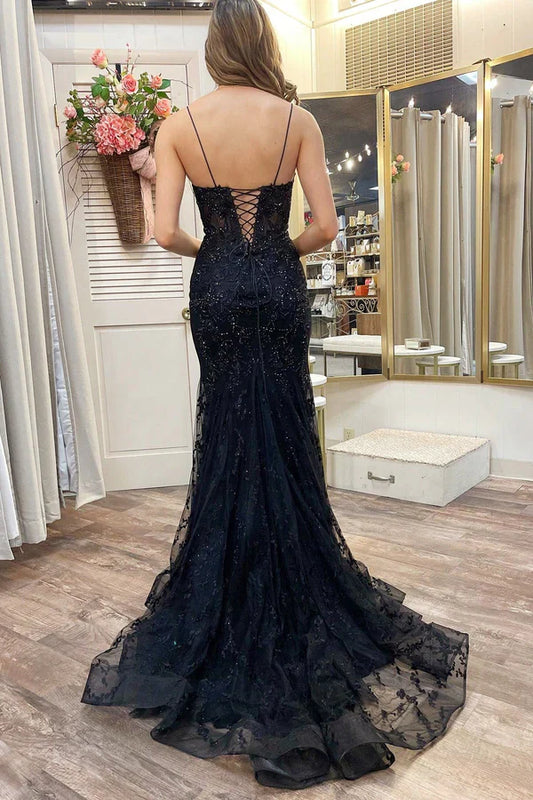 omberprom Black Prom Dresses Appliques Plunge V Lace-Up Trumpet Prom Gown Evening Dress