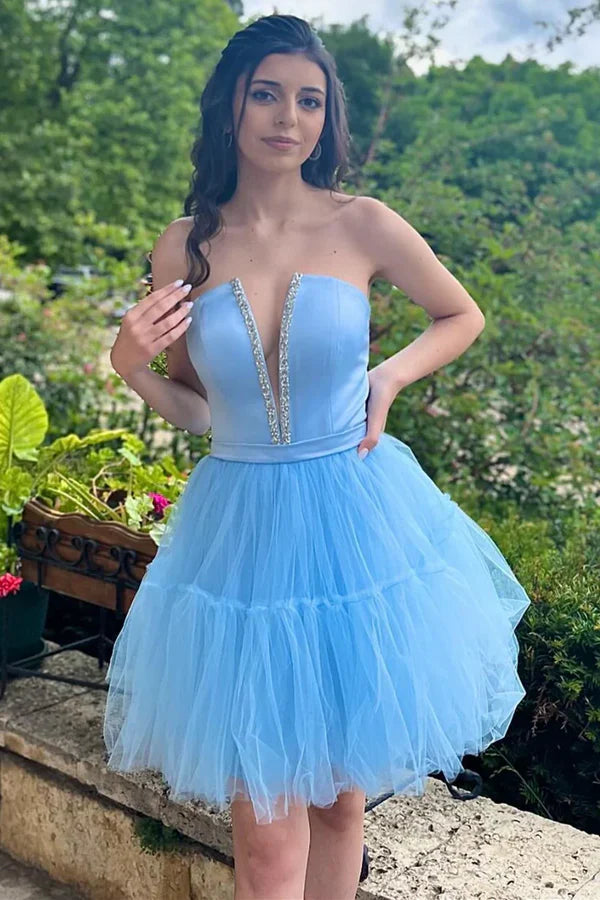 Fashion Light Blue Lace-Up Design A-line Tulle Short Homecoming Dress TP3568