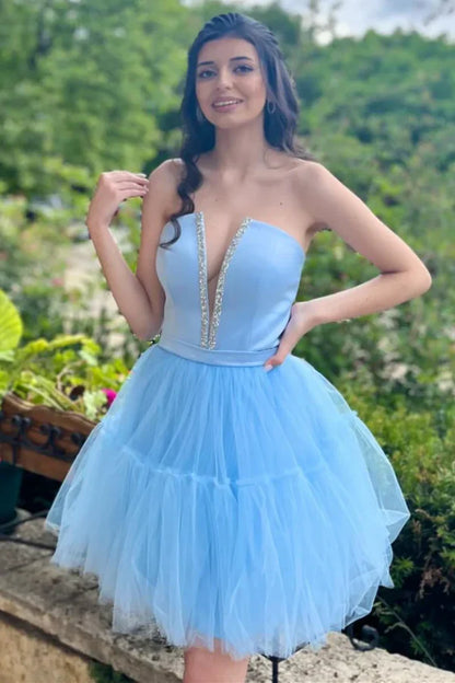 Fashion Light Blue Lace-Up Design A-line Tulle Short Homecoming Dress TP3568