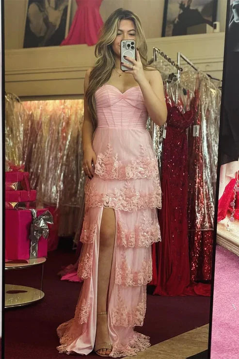 omberprom Sweetheart Spaghetti Straps Tiered Long Prom Dress with Slit Charming Evening Dress Wholesale