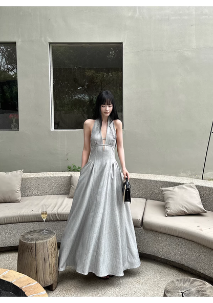 Fashion Halter Gray satin Pleated A Line Long Wedding Guest Dress Backless Long Evening Dress Prom Gown With Pockets