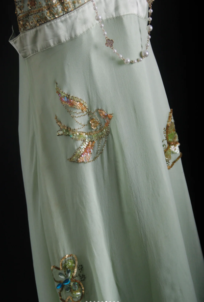 Classy Light Green Spaghetti Straps Chiffon Sequin Beaded Long Birthday Prom Dress Party Gown