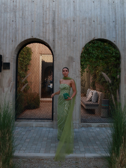 Gorgeous Strapless Apple Green Sequin Long Prom Dress Party Gown With Ribbon