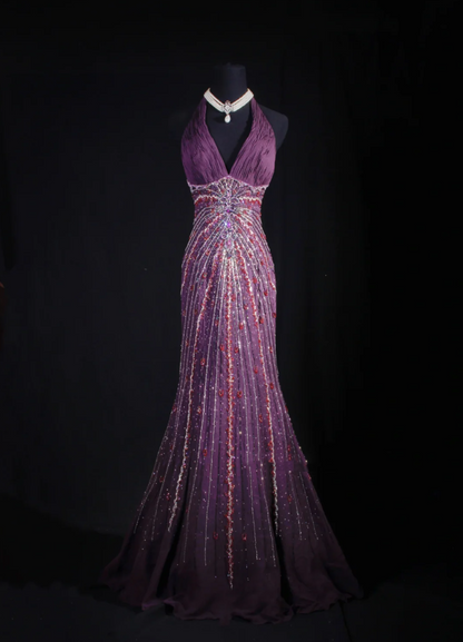 Purple Vintage V Neck Halter Satin Beaded Mermaid Long Party Dress Backless Evening Gown