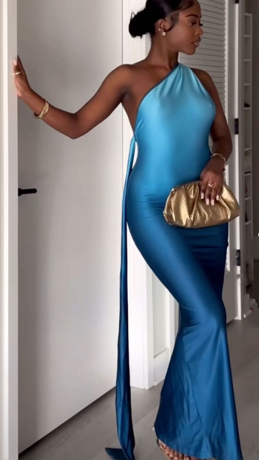 Sexy One Shoulder Backless Ombre Sea Blue Satin Mermaid Evening Gown Long Party Dress
