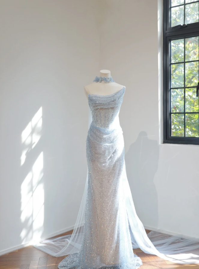 Pretty Strapless Light Blue Sequin Beaded Mermaid Long Birthday Party Dress Evening Gown
